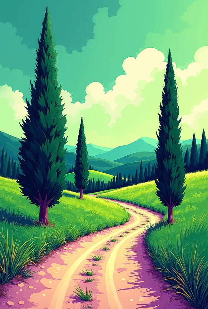 A landscape drawing using the bichrome technique, In the landscape you can see a dirt road with 3 cypress trees (Two to my RIGHT and one to my LEFT, the one on the LEFT a little further away than the other 2 ), straw in the grass and a hill or hills behind. The colors should be bright and cheerful BICHROMY; GREEN AND PURPLE are the ONLY colors in the entire drawing.
technique: BICHROMIA It is an abstract work, in organic forms, the sky is drawn or formed by organic shapes, and I repeat only the colors green and purple are used ORGANIC FIGURES AND GREEN AND PURPLE