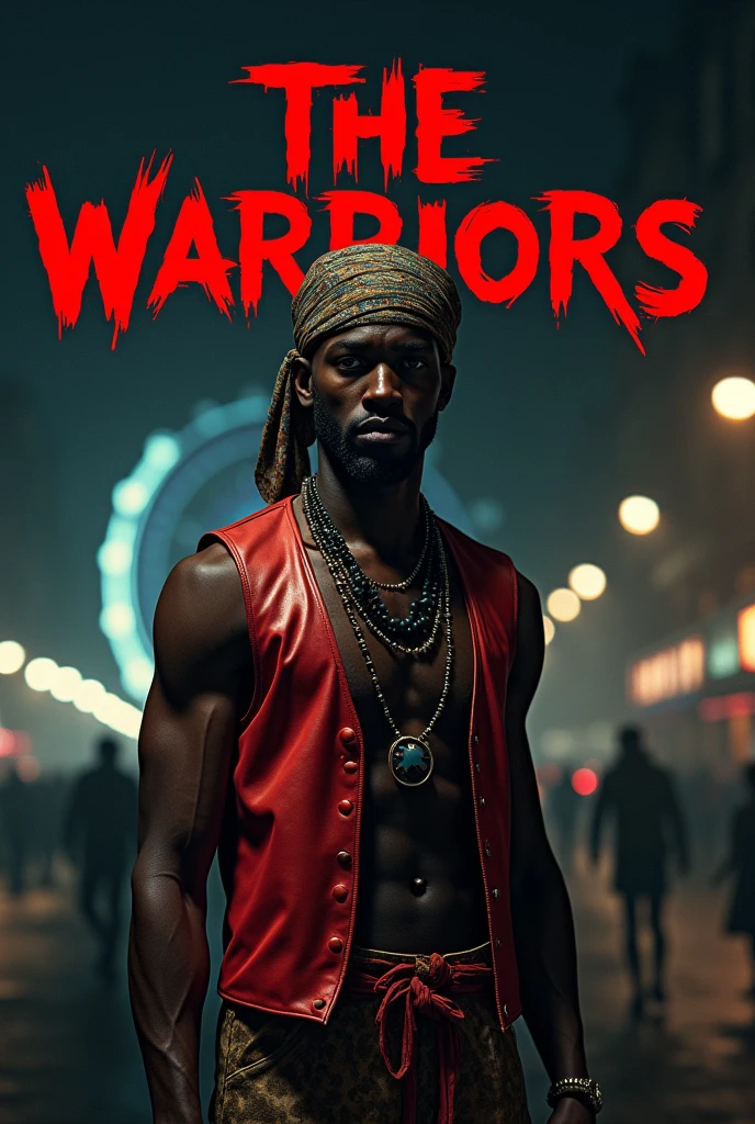 Movie poster style image featuring a dark background with minimal lighting, highlighting a single male subject in the foreground. The subject has dark skin and is wearing a sleeveless, shiny red vest with a patterned headscarf. He also has a necklace with large beads. The text 'The Warriors' is prominently displayed in bold, red, graffiti-style font across the lower part of the image. In the background, there are faint outlines of buildings and a Ferris wheel, adding to the urban night setting. masterpiece, anatomically correct, super detail, best quality, textured skin, award winning, 4K