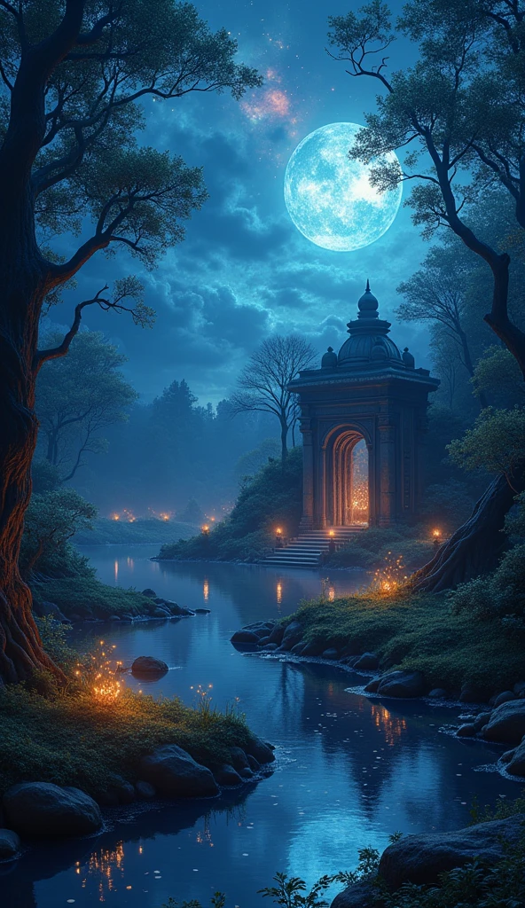 exciting night, unearthly lunar forest, Glow Fireflies, mystical atmosphere, bright-colored stars in the sky, Serene Pond, reflecting the night sky, ancient ruined temple, gnarled twisted trees, dramatic lighting, Dramatic shadows, Cinematic composition, Fantasy, Surreal, (Best quality,4K,8 K,a high resolution,masterpiece:1.2),ultra detailed,(realistic,photorealistic,photo-realistic:1.37),detailed night sky, dramatic moody lighting