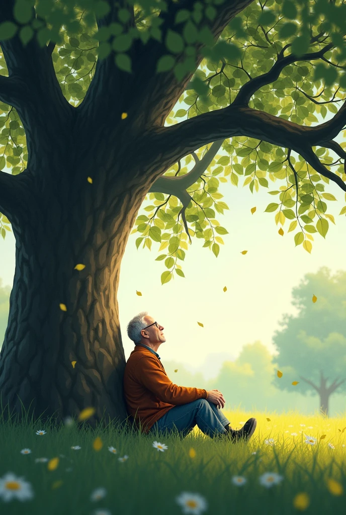 Carl is sitting under a big tree in a park, observing the sky and nature around him. The scene conveys peace and reflection, with leaves gently falling and a breeze moving the grass.
