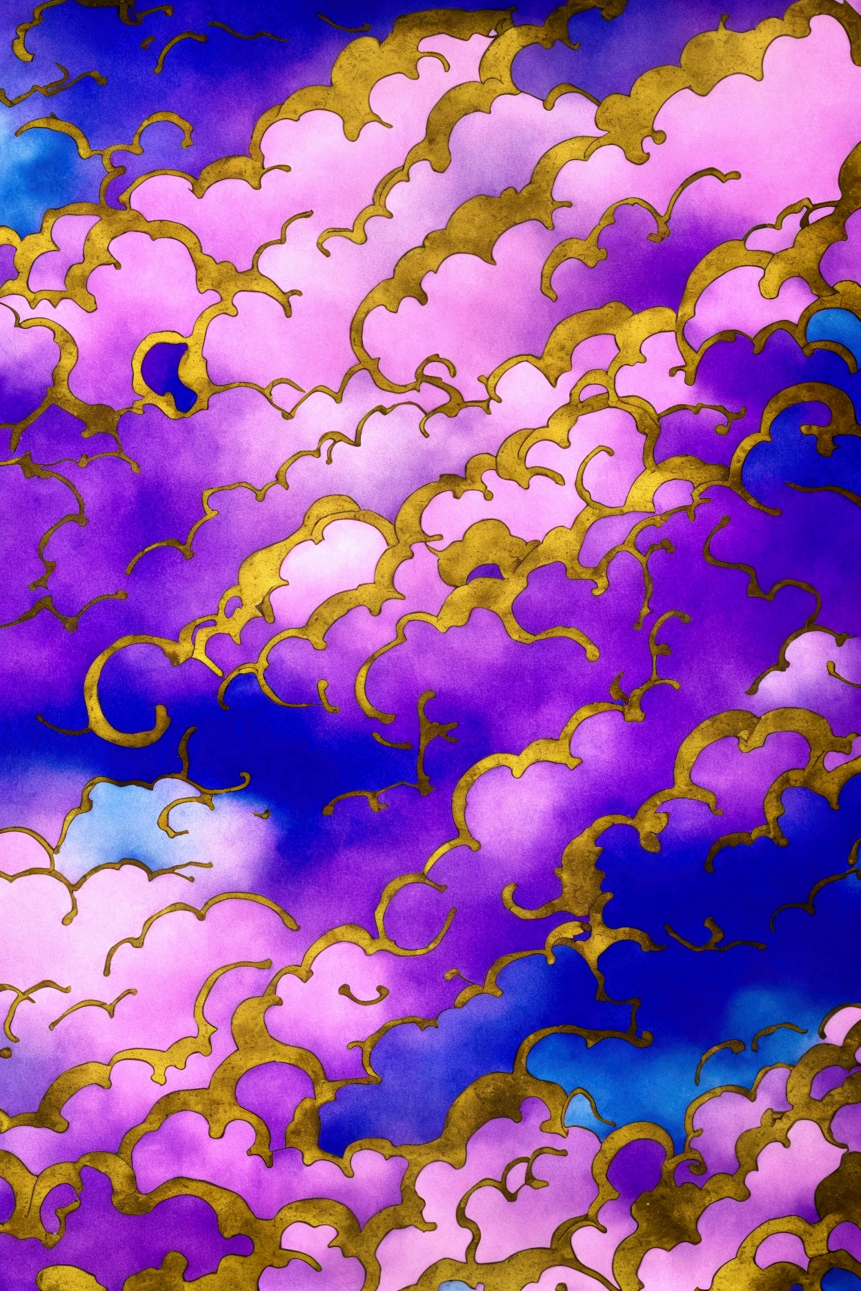 art nouveau 2d painted clouds, vibrant purple, pink and blue clouds, metallic gold outlines ( metallic gold highlights, gorgeous cloud formations, painted cloud texture:1.3), dreamy cloudscape, dramatic sky, atmospheric lighting, cinematic, ethereal, serene, tranquil