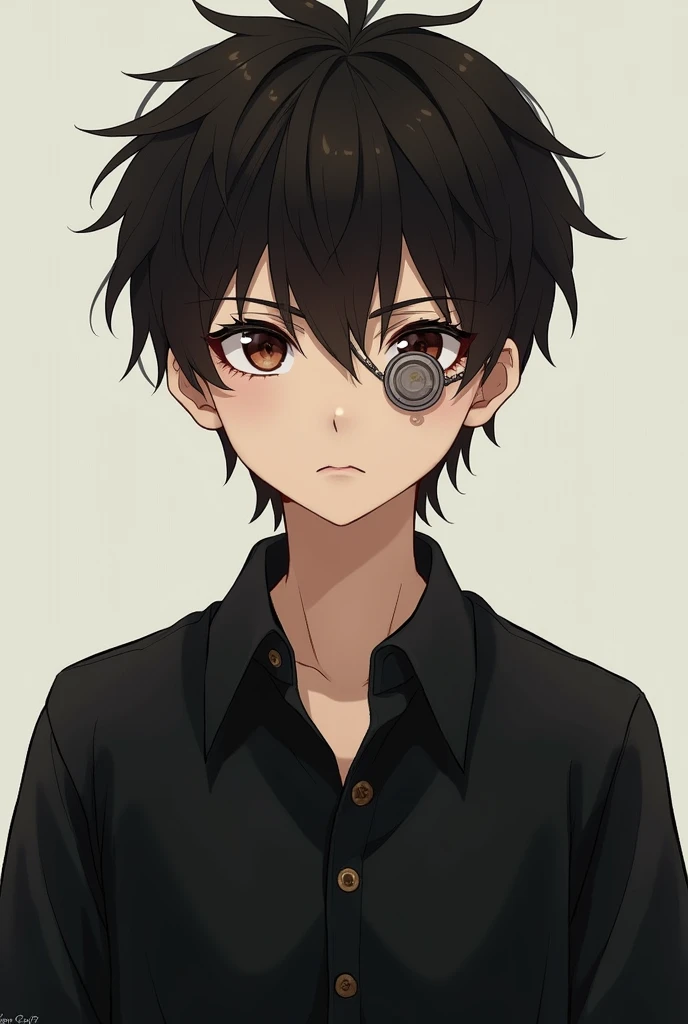 Create a serious and attractive intimidating young man. His hair is very short. His eyes are brown and he is thin. He has a black, loose shirt. one lens