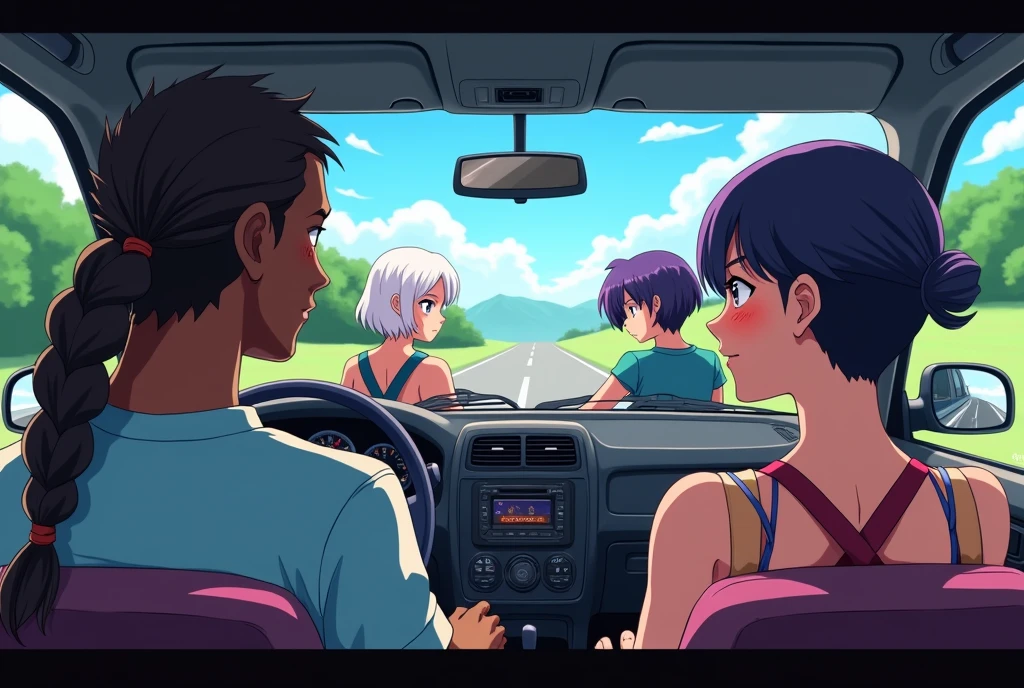 Interior of a car with 3 characters, a black male driver with braided hair and a ponytail, a black woman in the passenger seat and in the back seat a white woman with short hair and purple highlights, a road in the windshield view, Anime style back view
 
