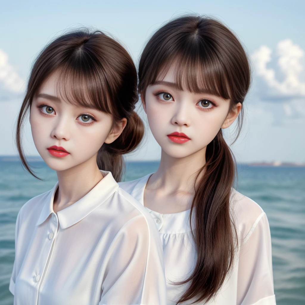 Delicate facial features with temperament Bangs Brown ponytail Messy hair Hair is very realistic Wearing a short-sleeved white shirt The background is the sky and sea view Du Qiong Exquisite makeup Thin red lips Big eyes Double eyelids Black holes Bright eyes Symmetrical face The face is very real Carefully drawn girl&#39;s face Blush Super high-quality appearance Looking at the audience Very realistic skin Sebum reflection artwork Clothes with real fabric texture Photorealistic painting Movie style Photo-level ray tracing Realistic light and shadow effect Realism masterpiece Like the above photo effect 8K highest quality full