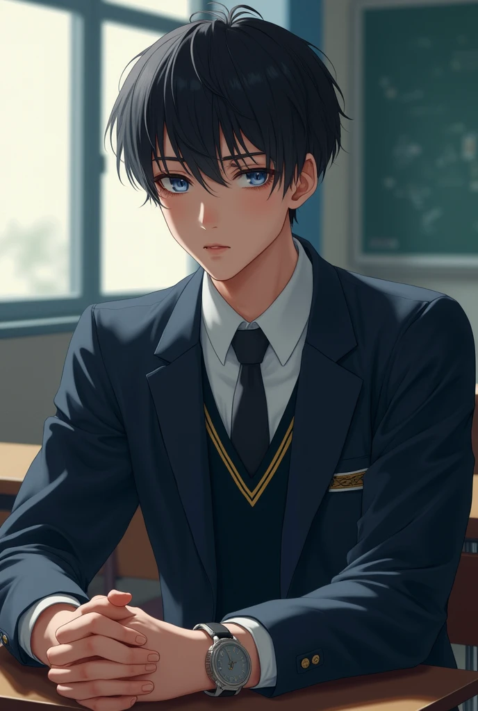 Masterpiece, high quality, best quality, beautiful, HD, realistic, perfect lighting, detailed face, detailed body, 1 man, black hair, blue eyes, masculinity, suit school uniform, (dull expression: 1.5) (face natural: 1.5), sitting in the classroom