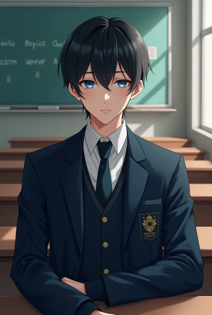 Masterpiece, high quality, best quality, beautiful, HD, realistic, perfect lighting, detailed face, detailed body, 1 man, black hair, blue eyes, masculinity, suit school uniform, (dull expression: 1.5) (face natural: 1.5), sitting in the classroom