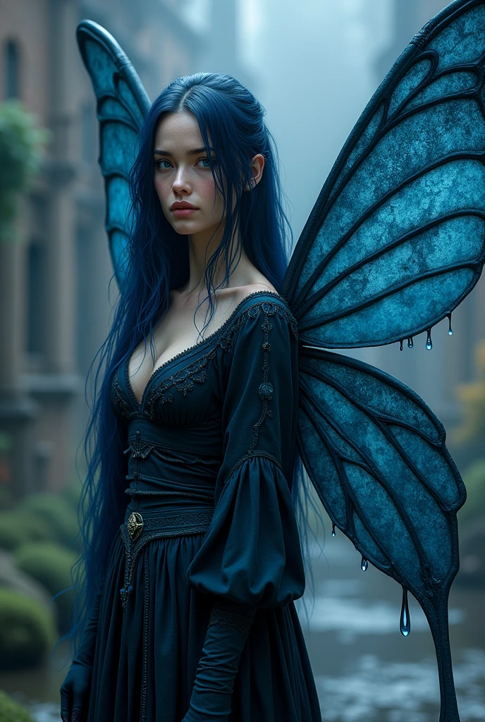 An adult fairy with dark blue long hair and blue eyes. She is in her mid 40s. She has deep blue fairy wings, which are wetted by water. She has a wise expression. She wears medieval clothing.