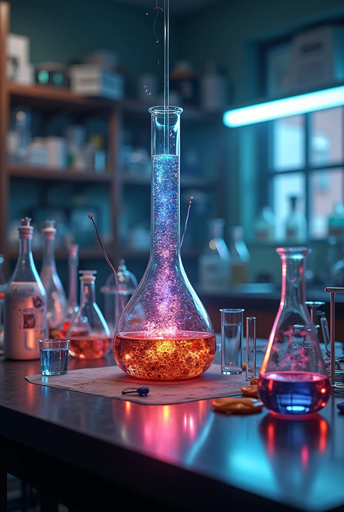 Experimental chemistry glassware, over the table, atom bonds, written the name Waldir