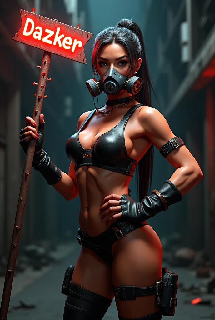 Avatar gamer naked woman wallpaper holding a spiked sign with the word DAZKER wearing a toxic gas mask in 3D style