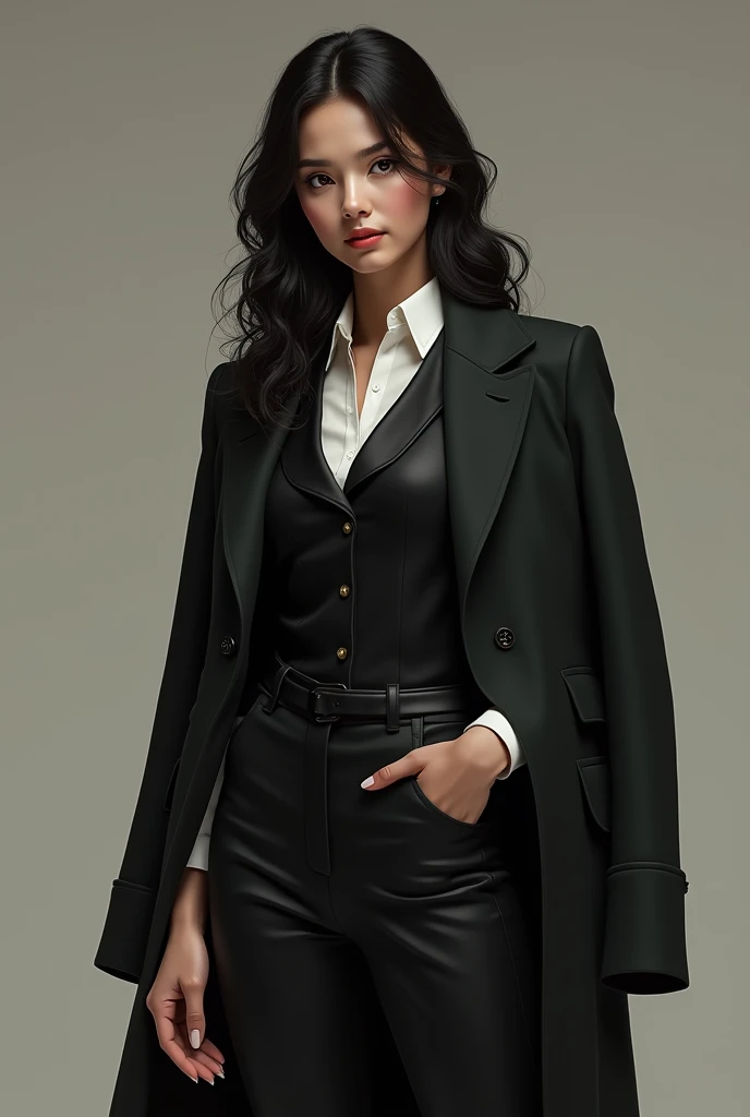 Imagine a young brunette with long black curly hair, wearing black riding boots that fit her legs well. She wears black pants with side pockets., hidden inside the boots. The white collared blouse is underneath a black vest. About all this, a light black overcoat completes the look, adding an elegant and functional touch.