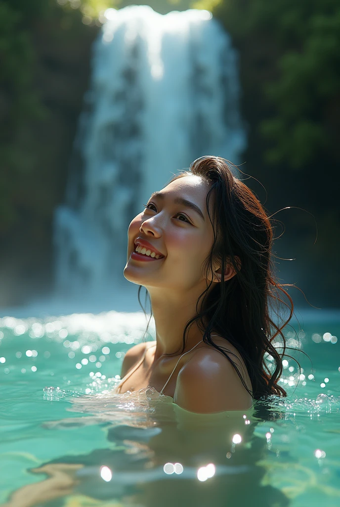 A beautiful young woman with bright blue eyes, dark hair, and soft pink skin, joyfully bathing near a stunning, crystal-clear waterfall surrounded by lush, natural scenery, highly detailed and realistic, 8k resolution, cinematic lighting, photorealistic, masterpiece, (best quality,4k,8k,highres,masterpiece:1.2),ultra-detailed,(realistic,photorealistic,photo-realistic:1.37),detailed face and body, cinematic lighting, serene landscape, intricate foliage, sparkling water, glowing skin, natural beauty