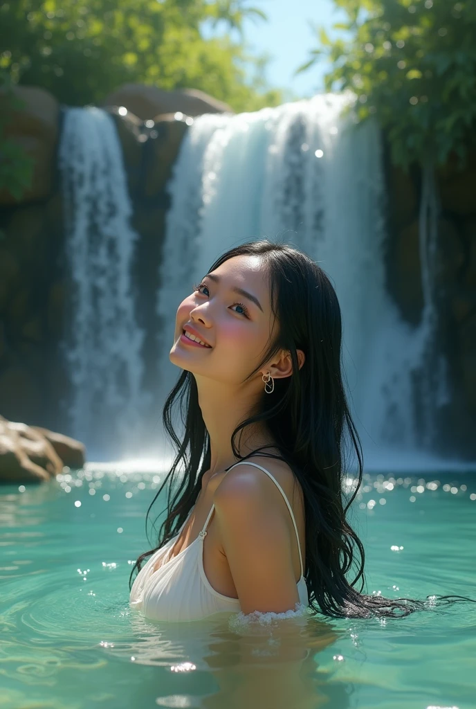 A beautiful young woman with bright blue eyes, dark hair, and soft pink skin, joyfully bathing near a stunning, crystal-clear waterfall surrounded by lush, natural scenery, highly detailed and realistic, 8k resolution, cinematic lighting, photorealistic, masterpiece, (best quality,4k,8k,highres,masterpiece:1.2),ultra-detailed,(realistic,photorealistic,photo-realistic:1.37),detailed face and body, cinematic lighting, serene landscape, intricate foliage, sparkling water, glowing skin, natural beauty