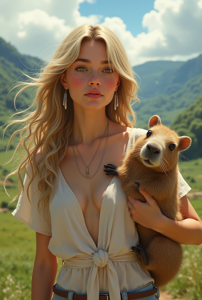 fanart of italian blonde, wavyhair, long silver earrings, rosy cheeks and nose tips, amber eyes, pet capybara on a trip to the southern Brazilian countryside in light clothing, but discreet