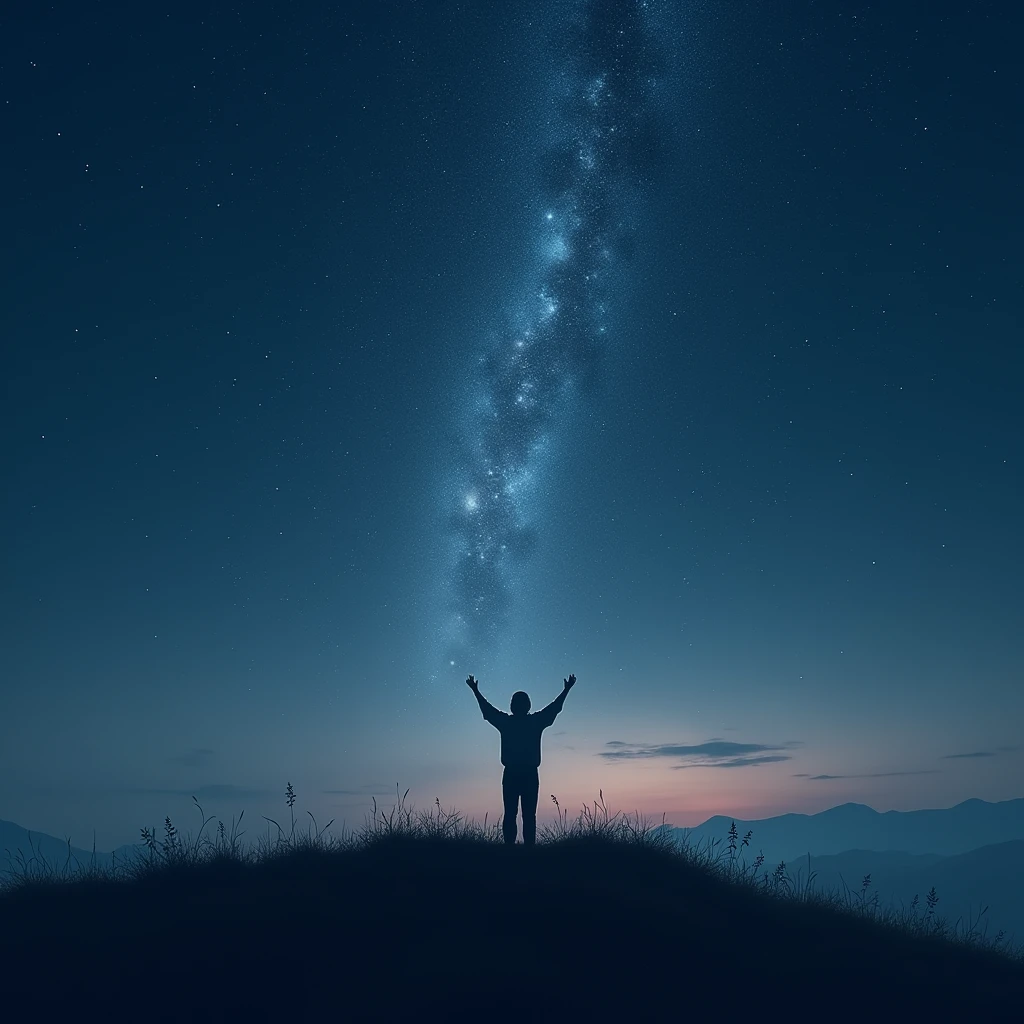 Depict a vast, starry night sky with a lone figure standing on a hilltop, arms raised in worship. The stars subtly align to form a silhouette of Jesus, illustrating the beauty of faith in the unseen.