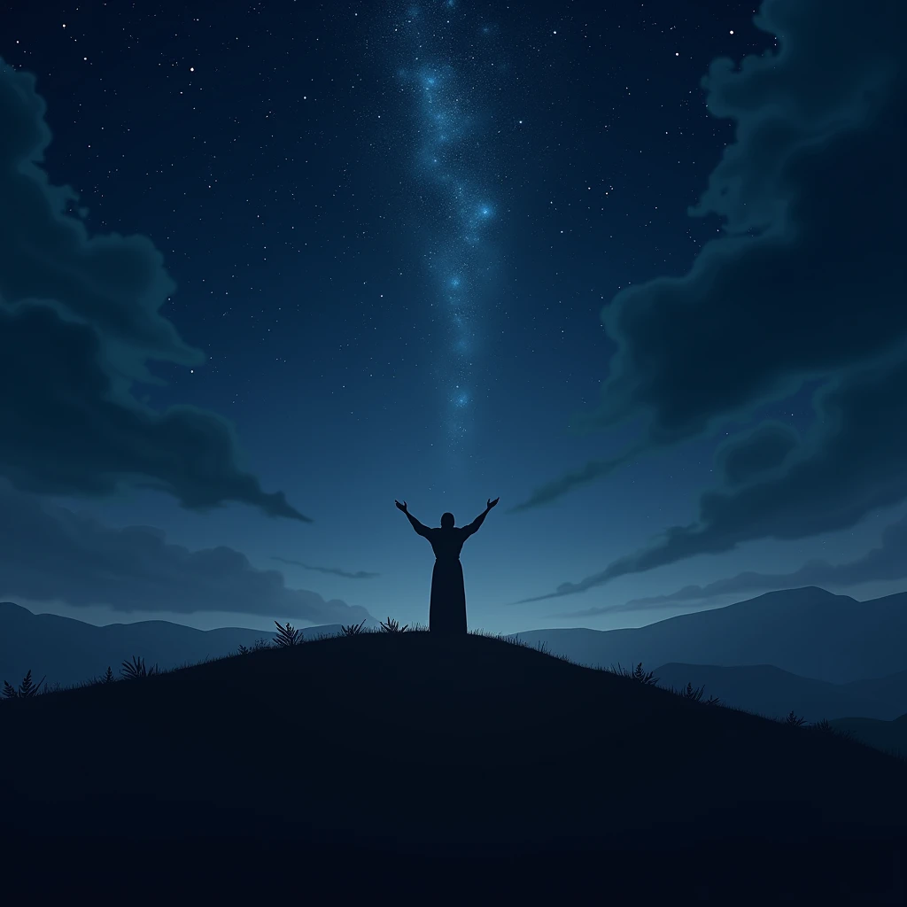 Depict a vast, starry night sky with a lone figure standing on a hilltop, arms raised in worship. The stars subtly align to form a silhouette of Jesus, illustrating the beauty of faith in the unseen.