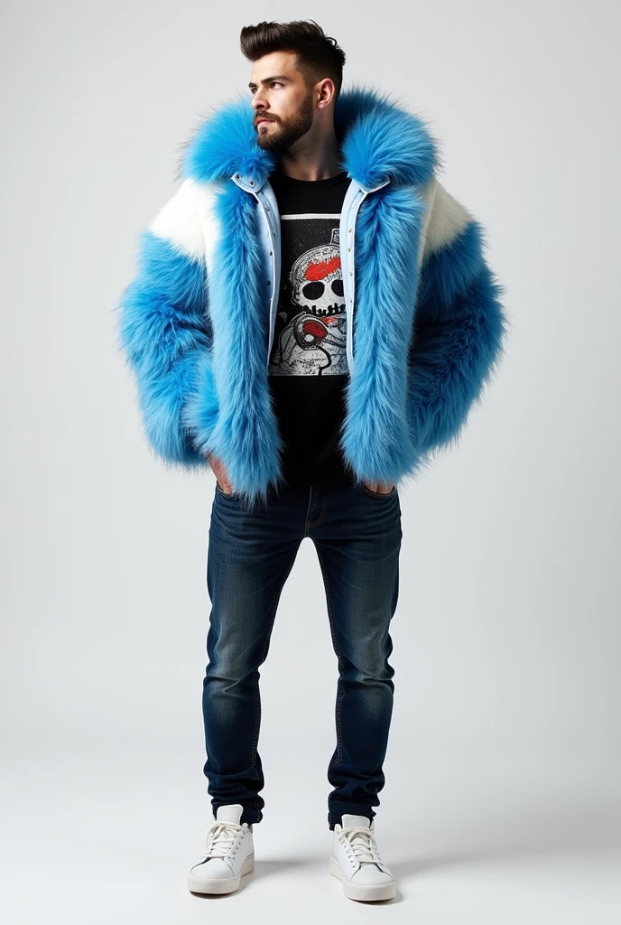 a male furry with blue and white fur and a black shirt with a joystick print, jeans and white sneakers that show a bit of your underwear, and the hair standing on end, confident profile.