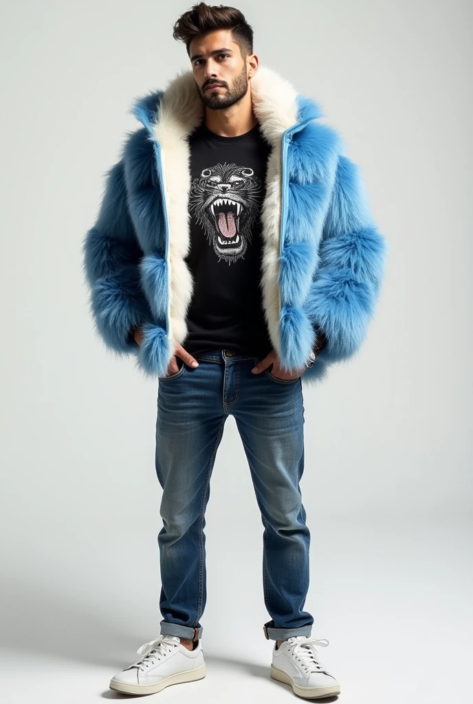 a male furry with blue and white fur and a black shirt with a joystick print, jeans and white sneakers that show a bit of your underwear, and the hair standing on end, confident profile.