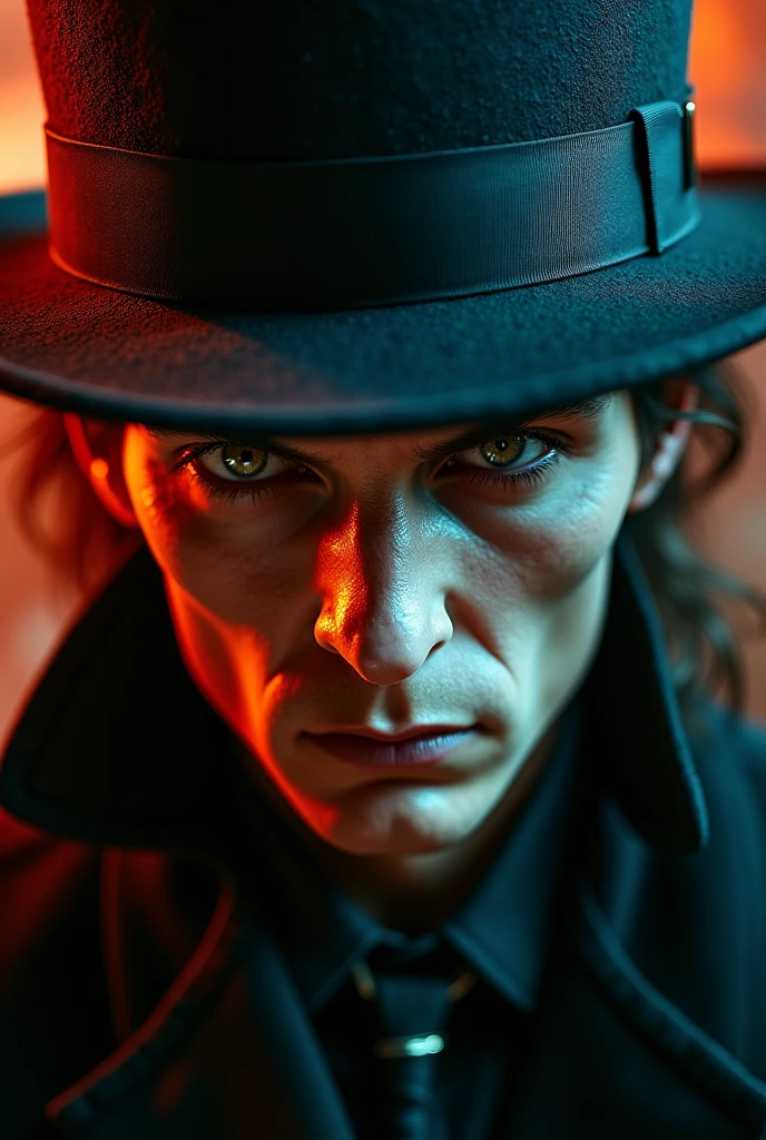 A close up of a man wearing a top hat, john picacio and brom, willem dafoe as scarecrow, best of behance, madhatter, josan gonzalez and tyler edlin, by Jack Davis,, character design, embers, bright bold colors, macro lens, dark fantasy, decopunk, cinematic, dslr, bokeh, american horror story, redneck