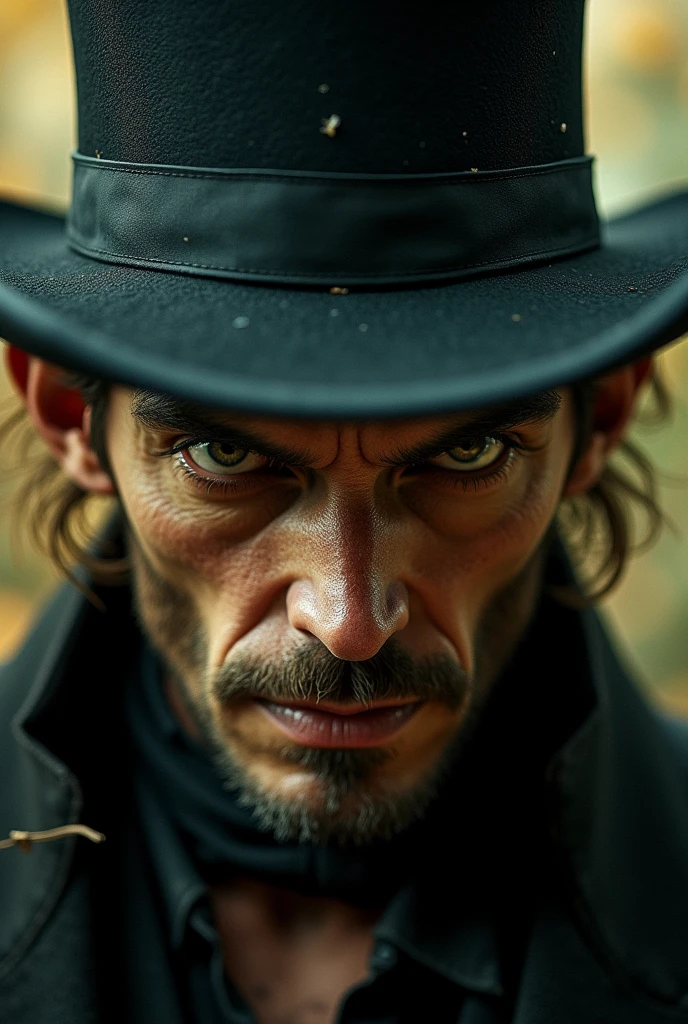 A close up of a man wearing a top hat, john picacio and brom, willem dafoe as scarecrow, best of behance, madhatter, josan gonzalez and tyler edlin, by Jack Davis,, character design, embers, bright bold colors, macro lens, dark fantasy, decopunk, cinematic, dslr, bokeh, american horror story, redneck