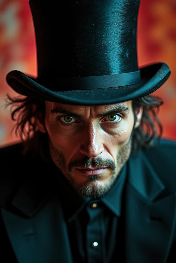 A close up of a man wearing a top hat, john picacio and brom, willem dafoe as scarecrow, best of behance, madhatter, josan gonzalez and tyler edlin, by Jack Davis,, character design, embers, bright bold colors, macro lens, dark fantasy, decopunk, cinematic, dslr, bokeh, american horror story, redneck