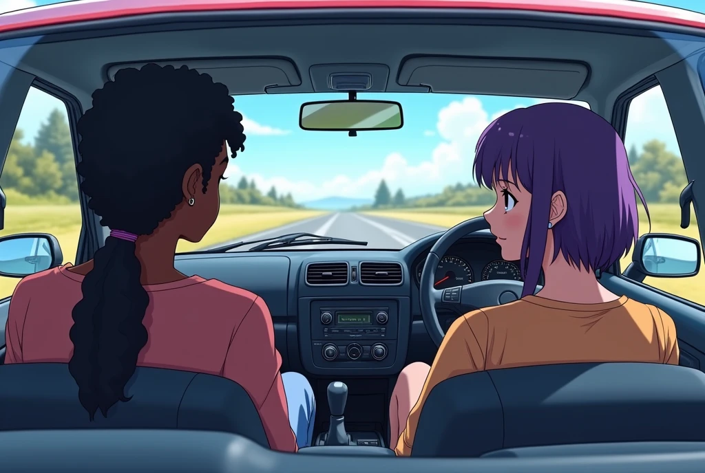 Interior of a car with 3 characters, a black male driver with braided hair and a ponytail, a black woman in the passenger seat and in the back seat a white woman with short hair and purple highlights, a road in the windshield view, in anime style
