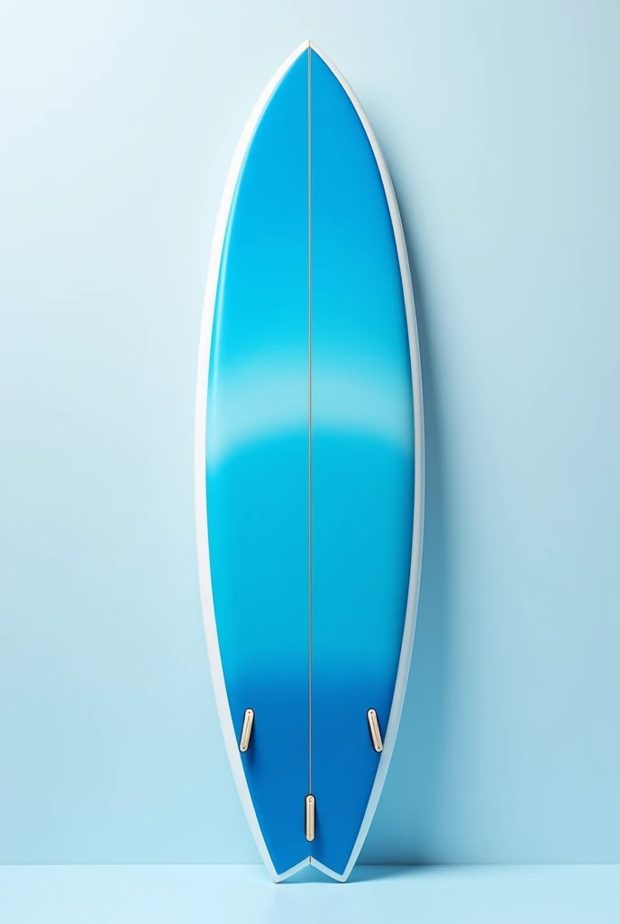 Ein Surfboard, which is azure blue on the nose and sky blue on the tail. The shades of blue merge in the middle. It has a white border and a fishtail