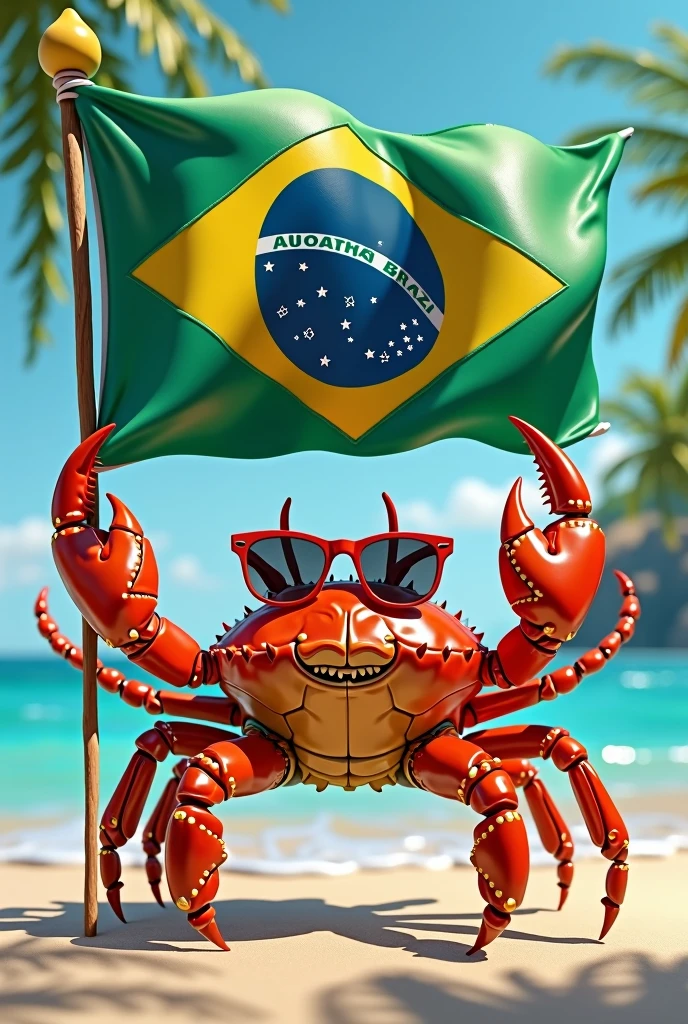 A crab with sunglasses holding the flag of Pernambuco