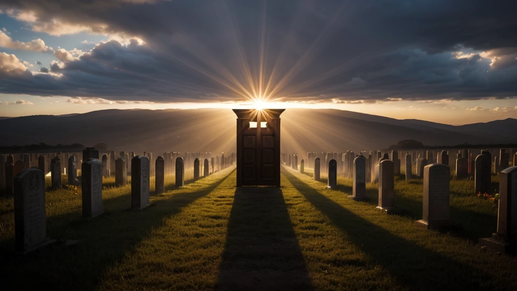 "Create a high-resolution thumbnail image on YouTube with the theme 'What does the Bible say about death?'. The image should be striking, featuring a dramatic contrast between light and dark. In the foreground, depict an open, radiant Bible , with light rays emanating from the pages, pushing away shadows. In the background, a faint silhouette of a cemetery or symbolic gate, slightly blurred to keep the focus on the Bible, should be bold, in bright yellow or white, with a subtle glow effect to stand out. of the darkest tones. The overall composition should evoke curiosity and reflection."