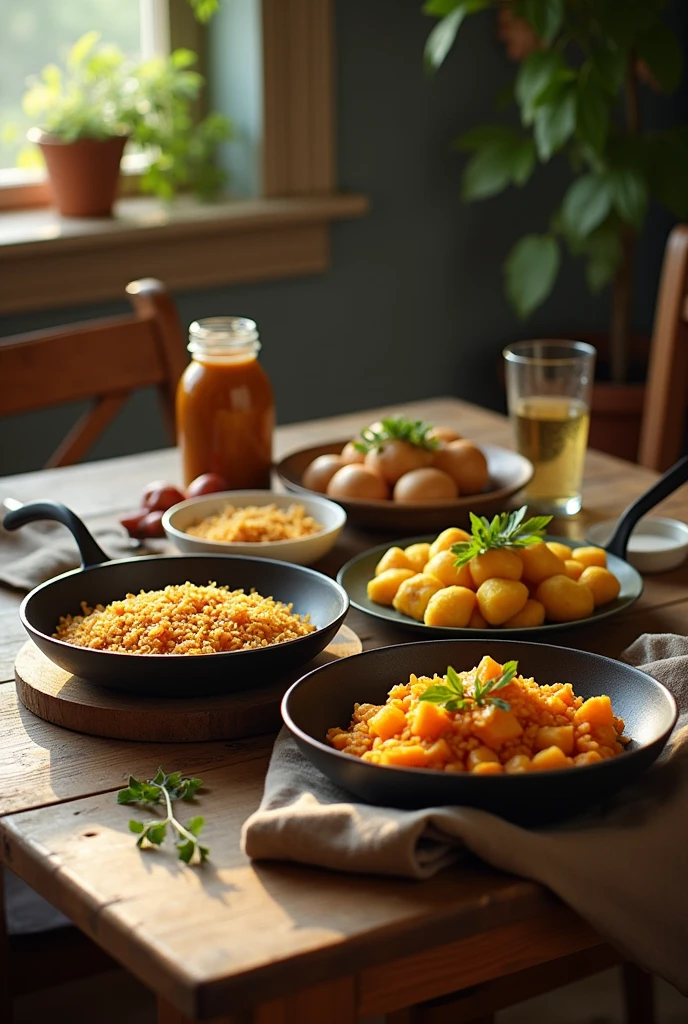 pan, videos, rice and potatoes, on a homely wooden table