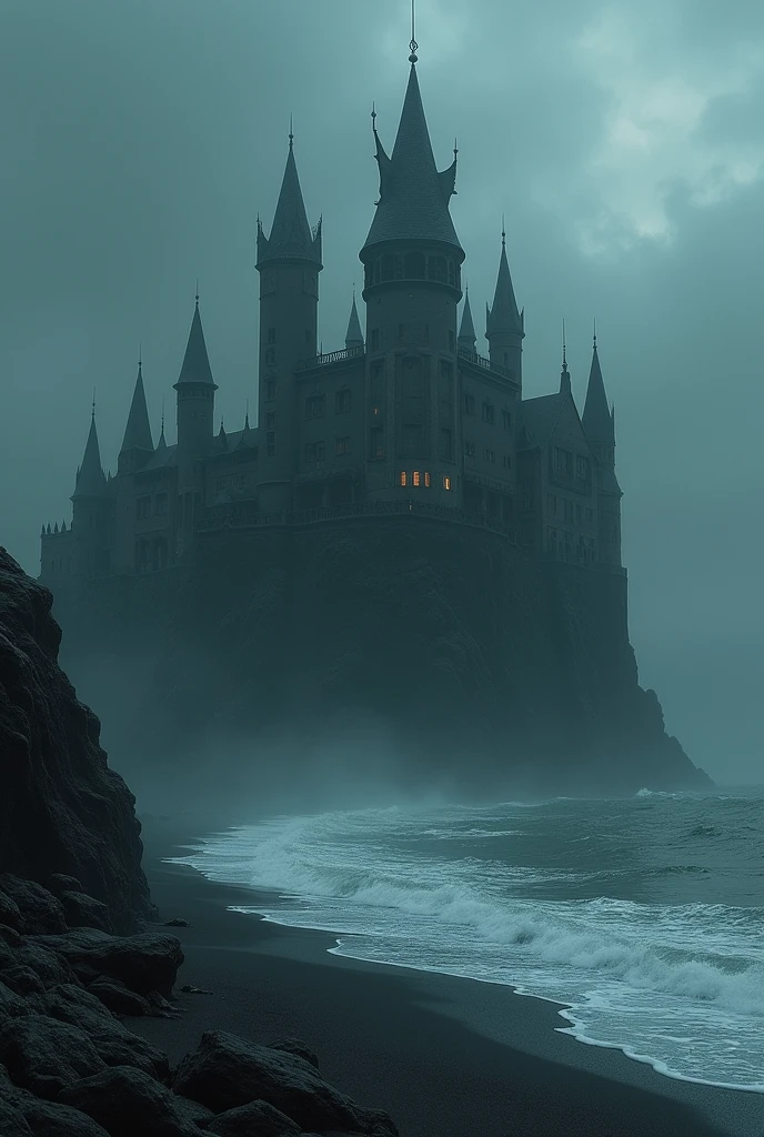 dark magic academy, like addam's family, like hogwarts, dark waters, ominous,massive fortress, stocky built, high walls, by a dark beach, pirates of the caribbean