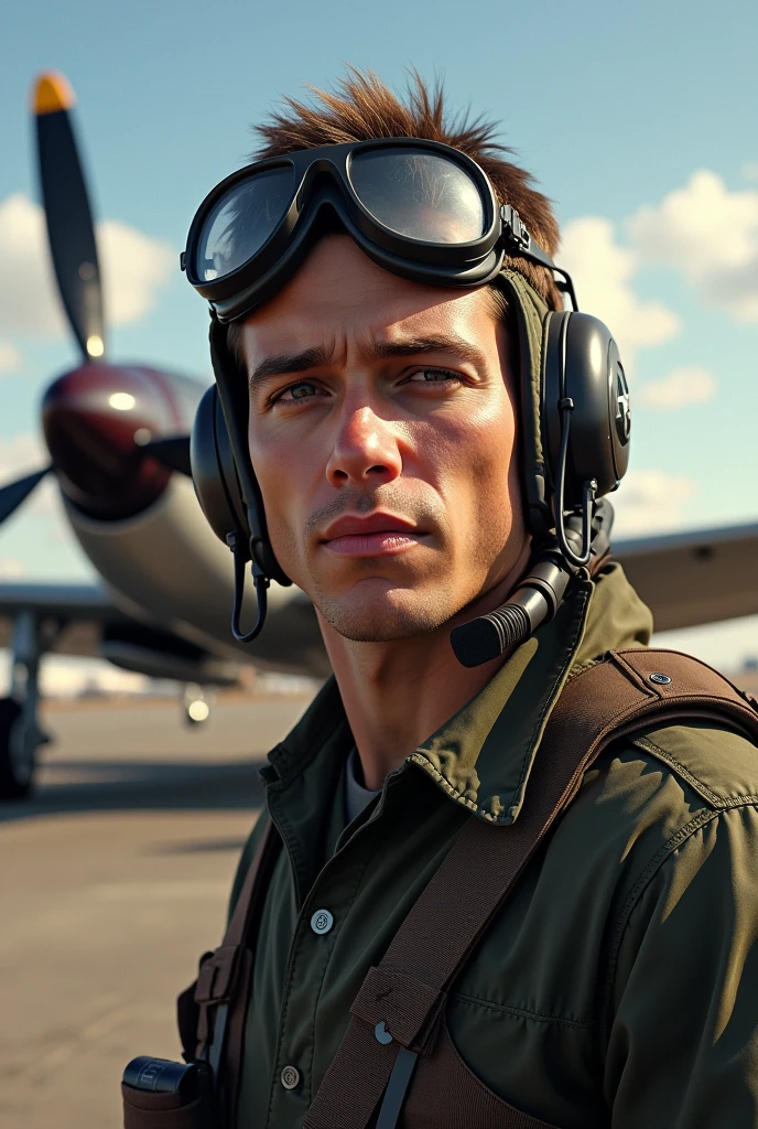 Heroic Pilot Portrait: A portrait of a World War II pilot in uniform, with a resolute expression. In the background, his P-51 Mustang plane is ready to take off, with the runway visible.
"hyper realistic"