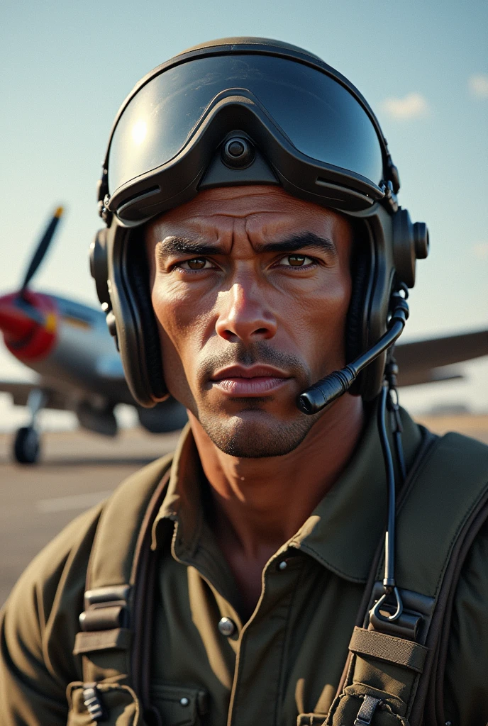 Heroic Pilot Portrait: A portrait of a World War II pilot in uniform, with a resolute expression. In the background, his P-51 Mustang plane is ready to take off, with the runway visible.
"hyper realistic"