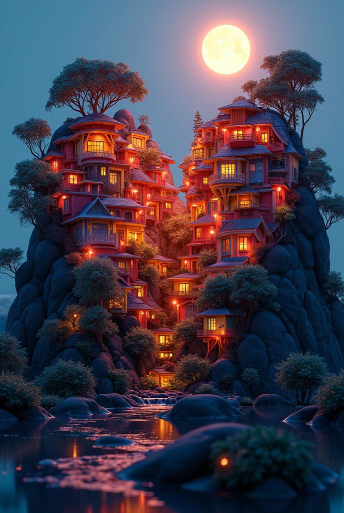 3d digital art, heart shaped art, half favela and the other half heart, color Art, art as if it were night, trees in some parts of the favela, moon rising behind the favela, lights on in the houses of the favela