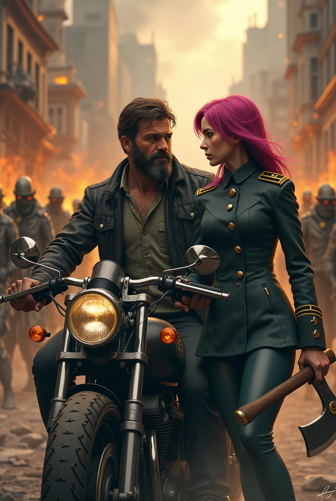 A man on a motorcycle stands next to a girl with pink hair in a military uniform with an axe in her hands and in red shoes against the background of a burning building and zombies in a steampunk style