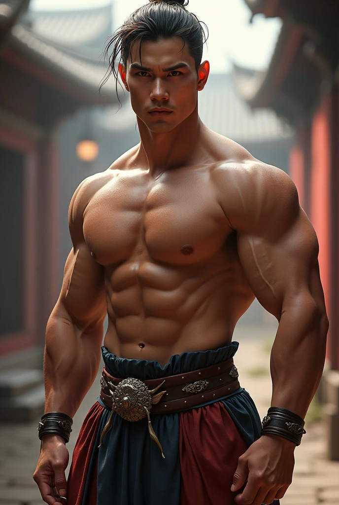 A young man in ancient China，muscular，The clothes are sleeveless，The clothes have metal decorations.