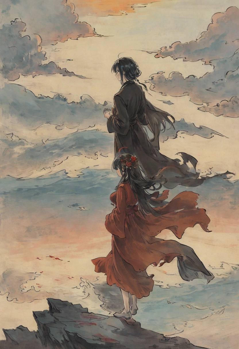 A romantic couple standing on the edge of a picturesque cliff, the sky painted with a tumultuous blend of oranges and purples as the sun sets dramatically behind them. The woman, dressed in a flowing red dress that symbolizes passion, clutches a bouquet of wilted roses, her gaze cast downward in sadness. The man, in a sharp black suit, stands with his back turned, staring out into the abyss as if contemplating his own selfishness. His hand is outstretched slightly, as if he had just released something precious – perhaps the very essence of their relationship. The space between them is vast and filled with a palpable tension, hinting at the unbridgeable chasm that has grown due to his self-centered actions. The cliff's edge, jagged and unforgiving, mirrors the state of their hearts, precariously balancing on the brink of an emotional collapse. The sea below churns with white-capped waves, a metaphor for the tumultuous journey they could not navigate together. The overall scene is bathed in a soft, melancholic light that emphasizes the stark contrast between the beauty of their surroundings and the harsh reality of their separation. The distant horizon line, where the sea meets the sky, suggests the vast expanse of time and possibilities that now lie ahead of them, separately. The image captures the poignant moment of a love story's end, tainted by selfishness, leaving the viewer to contemplate the cost of one's own desires versus the sanctity of shared love.