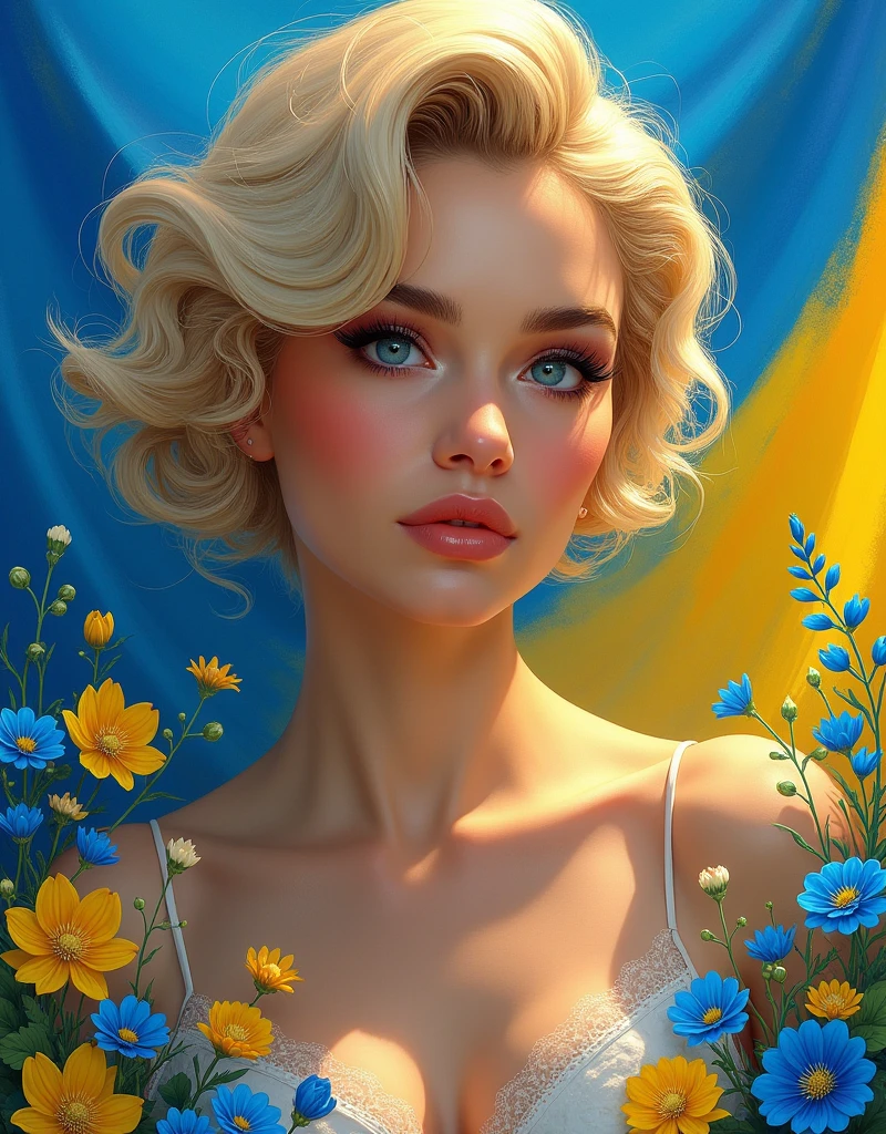 a beautiful ukrainian woman with blonde short curly hair, elegant and confident, not realistic face, digital art masterpiece, vibrant colors of blue and yellow, ukrainian flag, ukrainian flowers, coat of arms of ukraine, best quality,4k,masterpiece,studio lighting,ultra-fine painting,sharp focus,physically-based rendering,extreme detail description,professional,vivid colors,bokeh,trending