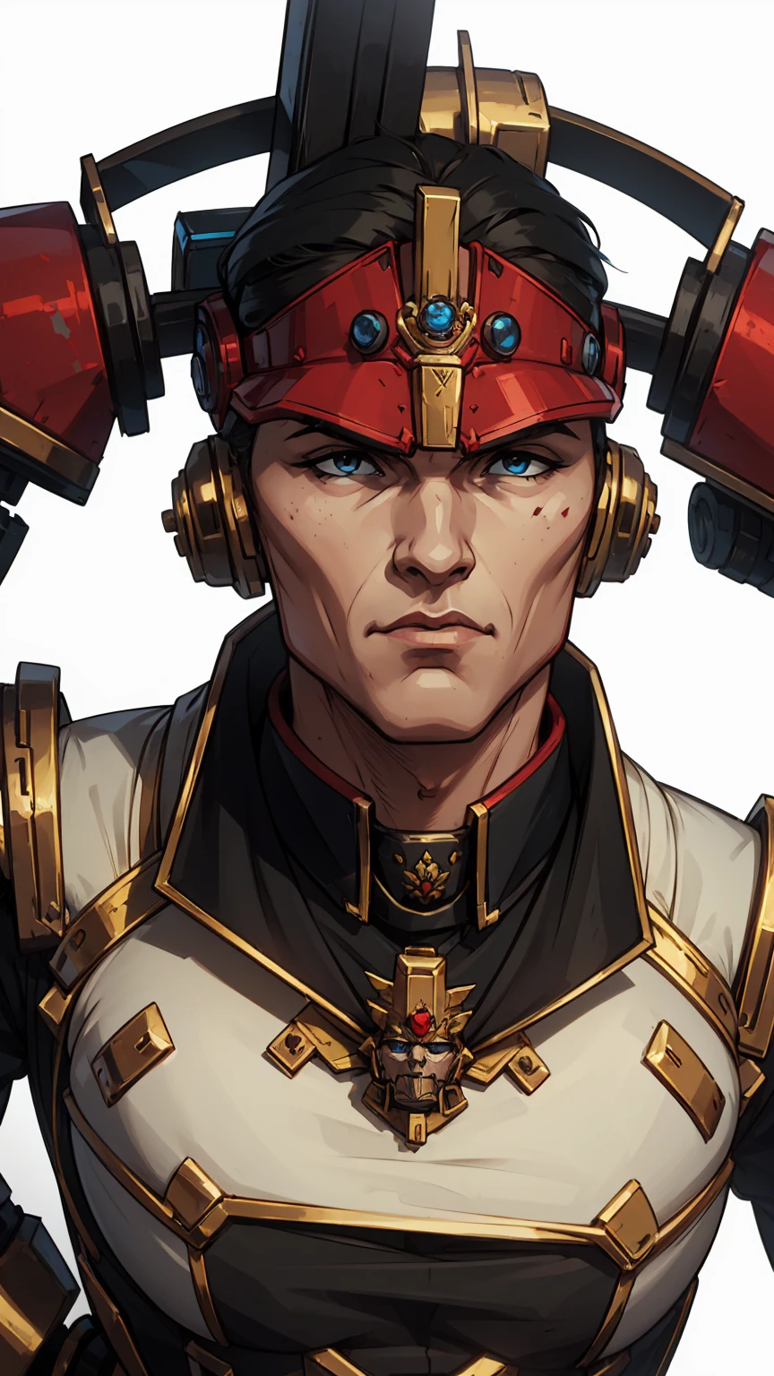 Picture of a warhammer 40k adeptus mechanicus tech-priest with artificial limps and robotic face, (upper body portrait), plain white background