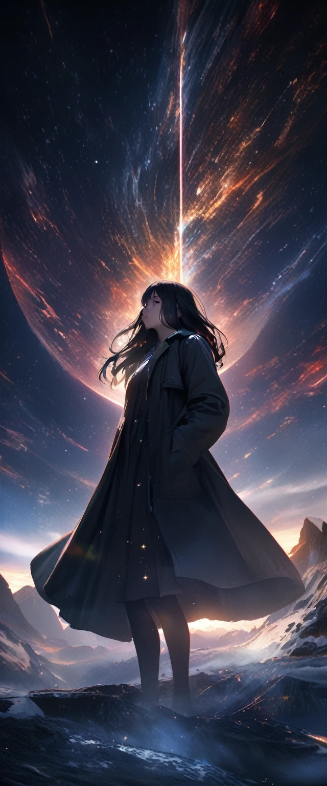 8k,extremely detailed CG unit wallpaper, masterpiece,High resolution,premium,premium real texture skin,hyperrealistic,increase resolution,RAW Photos,The best quality,Very detailed,The wallpaper,cinematic lighting,ray trace,golden ratio, BREAK ,many stars shining in a beautiful bright winter night sky, long exposure of starry sky with many circular orbits, silhouette of a cute young girl with long hair with her hands in her coat pockets looking up, photo taken from a distance, photo from below, beautiful kaleidoscope of multiple overlapping exposures