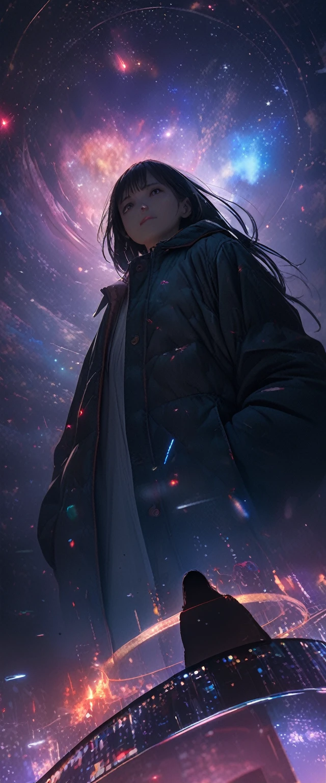 8k,extremely detailed CG unit wallpaper, masterpiece,High resolution,premium,premium real texture skin,hyperrealistic,increase resolution,RAW Photos,The best quality,Very detailed,The wallpaper,cinematic lighting,ray trace,golden ratio, BREAK ,many stars shining in a beautiful bright winter night sky, long exposure of starry sky with many circular orbits, silhouette of a cute young girl with long hair with her hands in her coat pockets looking up, photo taken from a distance, photo from below, beautiful kaleidoscope of multiple overlapping exposures