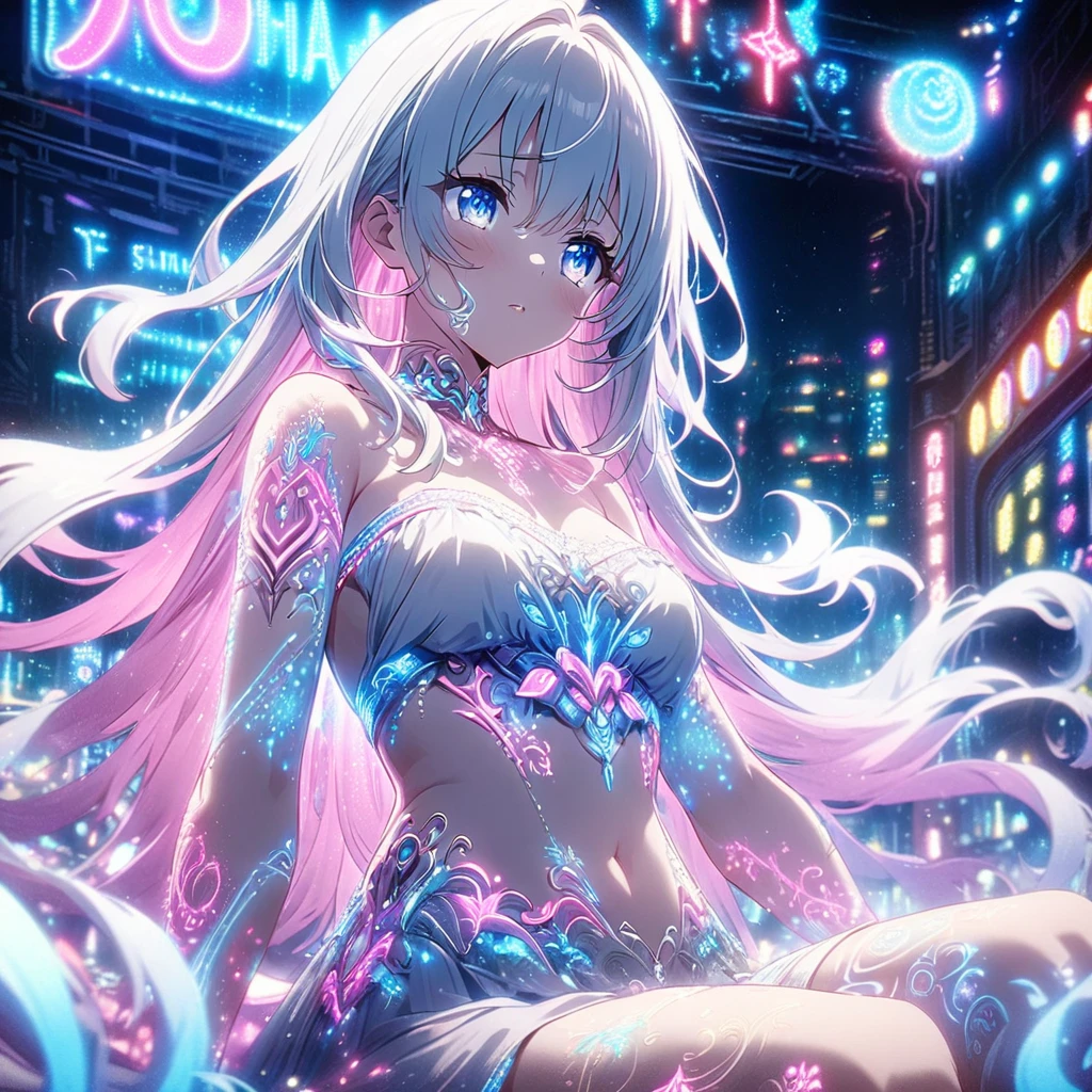 Anime Screenshots、 Artistic anime illustration of a woman adorned with glowing neon magical tattoos covering her entire body and face。 The tattoos on his arms and legs are a mix of pink, blue and white runes.、It emits a neon light。 She has long, flowing hair.、 She is wearing a white off-the-shoulder dress with a tummy tuck、 This scene has a dreamy soft focus effect.、 It emphasizes the dreamy glow of the tattoo.、Back of hand、sit