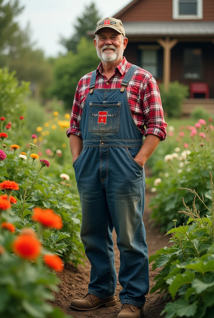 A man wearing Farmall and smile on face standing the garden back home 
