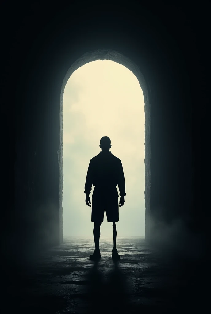 Silhouette of a man with his right leg amputated at the entrance of a tunnel