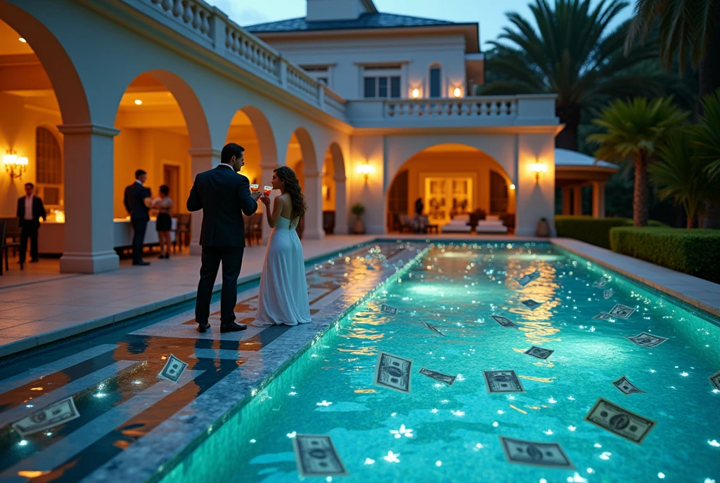 Couple at a pool party: A wealthy couple is at a pool party in a mansion, surrounded by friends. The pool is decorated with lights, and waiters are serving cocktails. Dollar bills are floating in the water, symbolizing wealth.