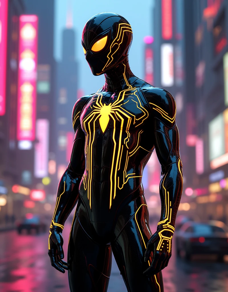 Spider man a cyberpunk black glossy suit high-tech futuristic neon golden lights in the suit