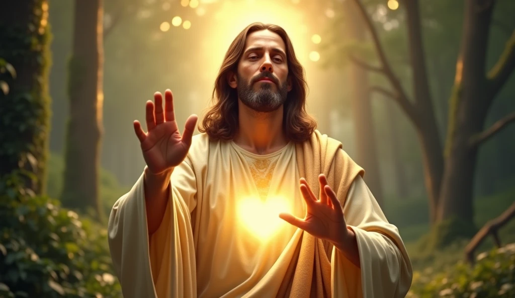 Ultra realistic Christ smiling with loving face with hands in blessing gesture to the viewer. his heart is ultra radiant, loving, shining eyes to the viewer, of light to convey depth and forest background, many lights coming from the sky