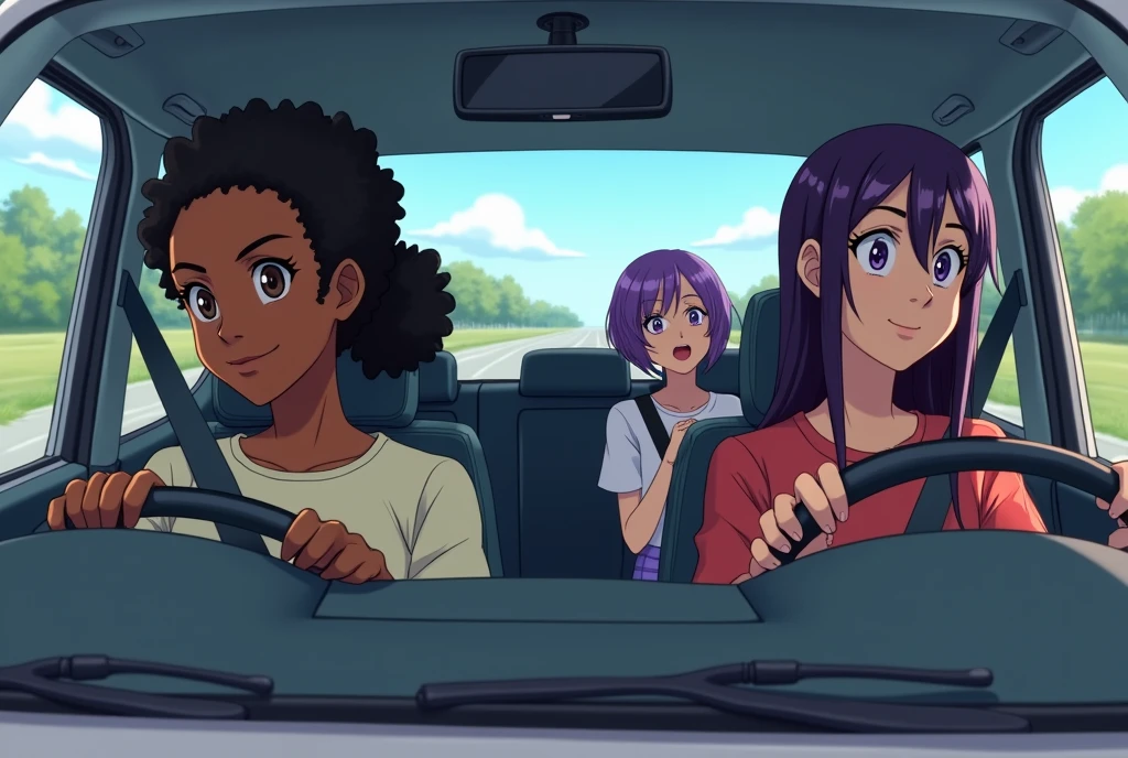 Interior of a car with 3 characters, a black male driver with braided hair and a ponytail, a black woman in the passenger seat and in the back seat a white woman with short hair and purple highlights, a road in the windshield view, in anime style