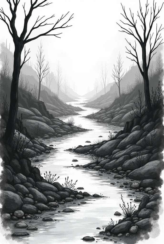 The design must incorporate the five basic elements of visual communication:
point,Line,form,texture,Space and it must be about the Campaign against the pollution of rivers and lakes. This design must look like a drawing and be in black and white without people and show something related to the pollution of lakes and rivers.