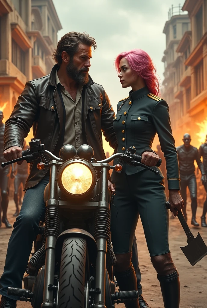 A man on a motorcycle stands next to a girl with pink hair in a military uniform with an axe in her hands and in red shoes against the background of a burning building and zombies in a steampunk style