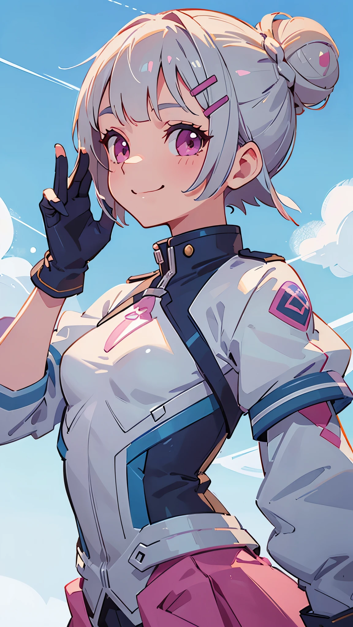 (Highest quality、Ultra-fine、Genuine)、1 person、Riders jacket、Small breasts、A silver short bob hair clip tied into a bun、Pink Eyes、From the side、gloves、smile、smile、blue sky、Upper body close-up、Sharp contours